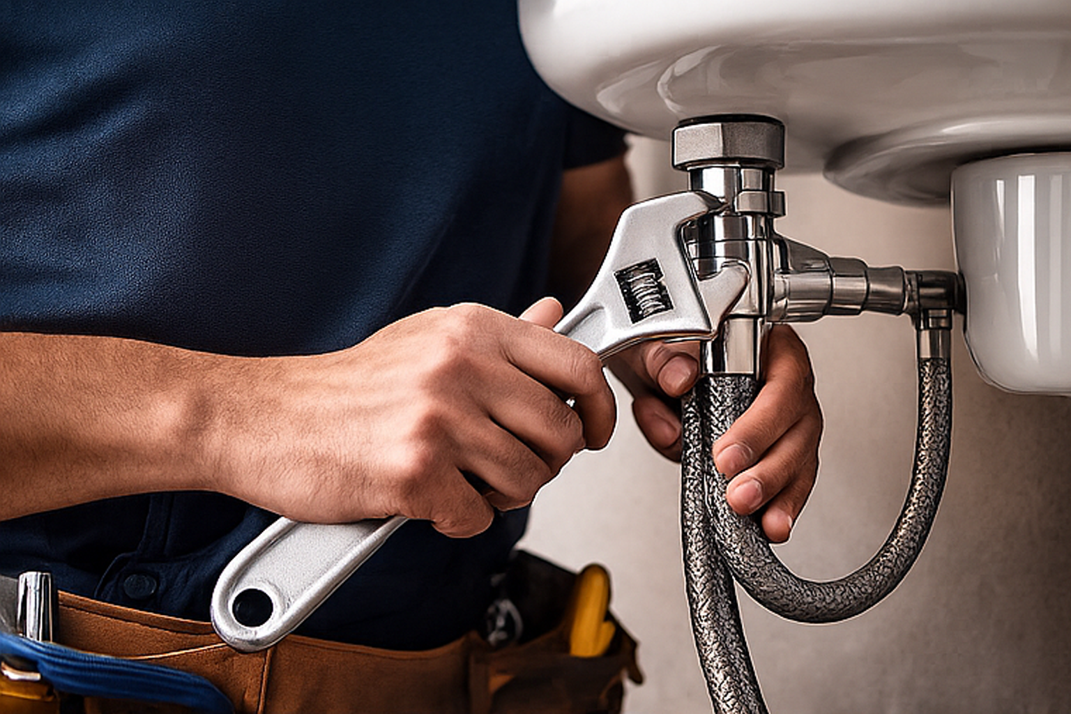 Plumber repairing pipes under a sink